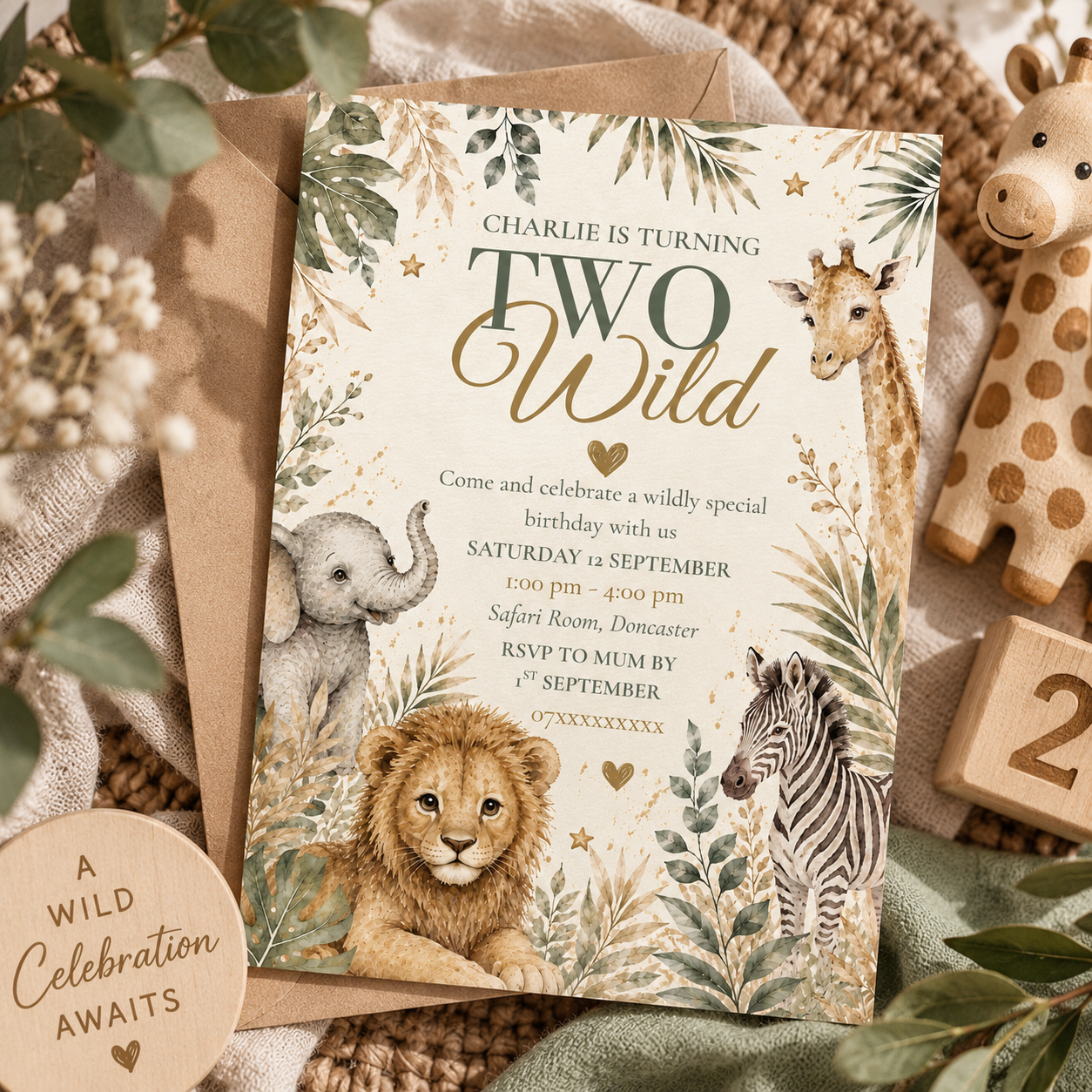 Safari 'Two Wild' Second Birthday Invitation | Editable Canva Template