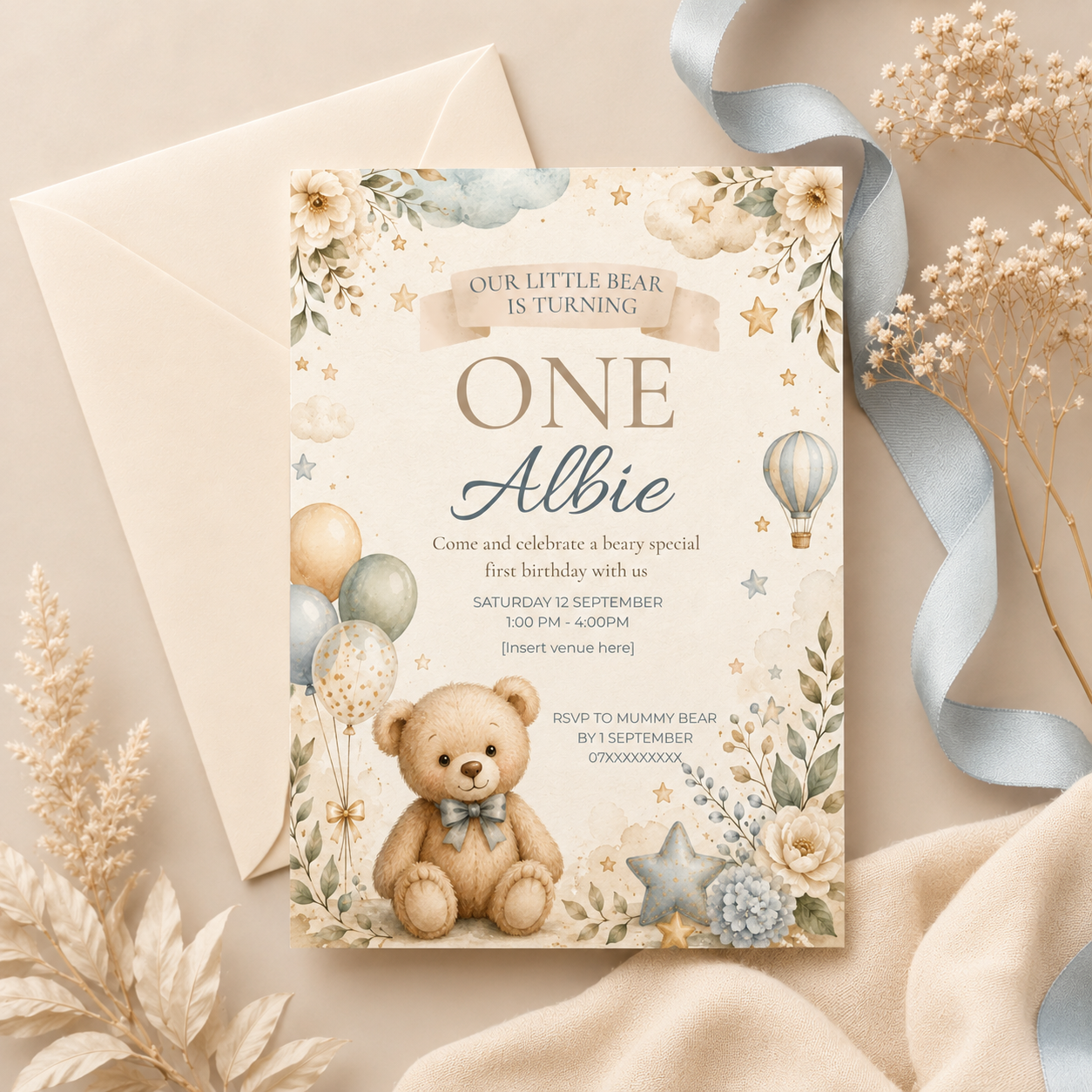 Blue Teddy Bear First Birthday Invitation | Editable Canva Template