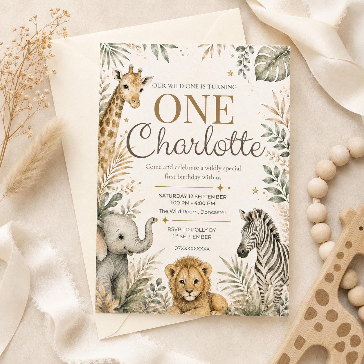 Safari 'Wild One' First Birthday Invitation | Editable Canva Template
