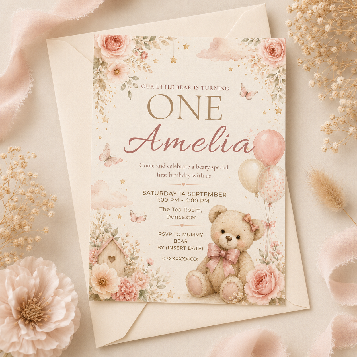 Pink Teddy Bear First Birthday Invitation | Editable Canva Template