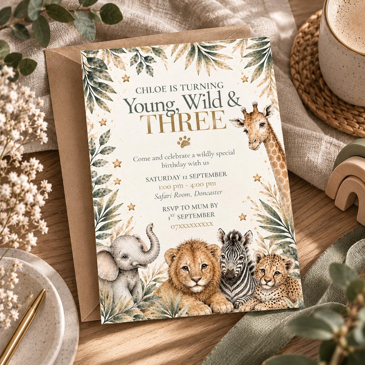 Safari 'Young Wild & Three' Birthday Invitation | Editable Canva Template