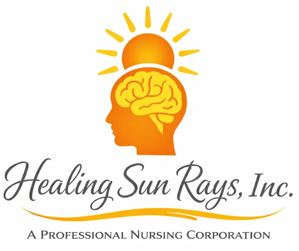 Logo for Healing Sun Rays, Inc. featuring a yellow brain inside an orange silhouette of a person's head, with a sun above, and the company name in script below, with the tagline 'A Professional Nursing Corporation'.