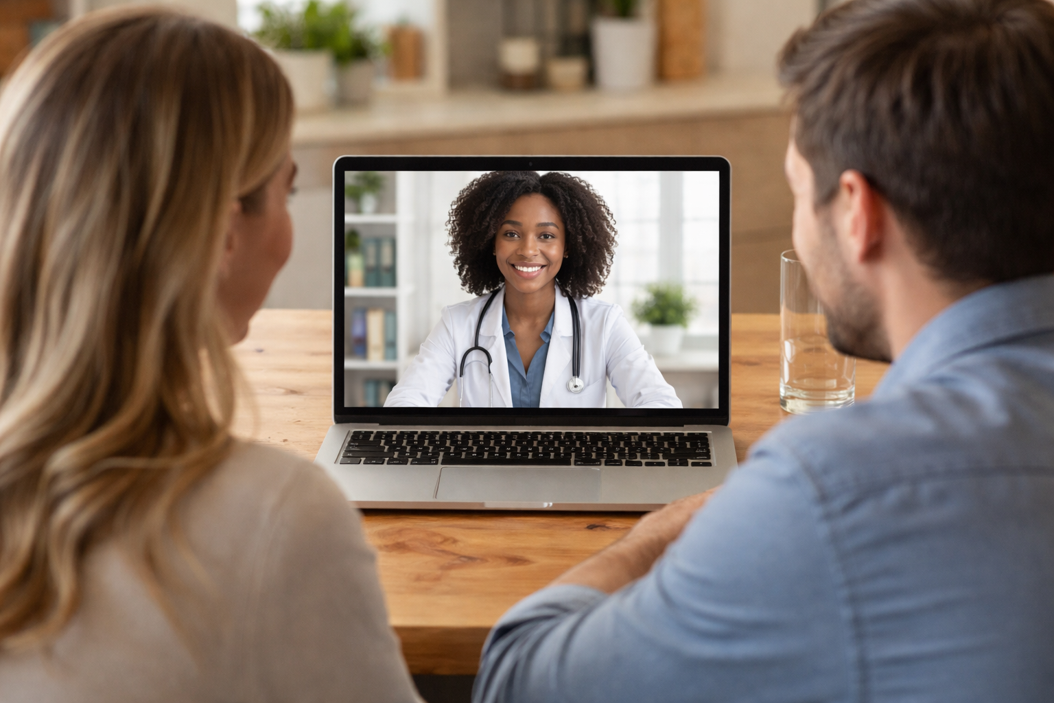 A couple in casual attire sitting at a wooden table during a video call with a female doctor on a laptop screen. The doctor is smiling, wearing a white coat and stethoscope, with a background of a bright, organized office.