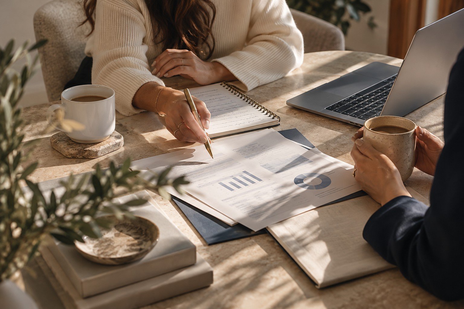 Two professionals reviewing business performance reports and notes during a collaborative strategy meeting.