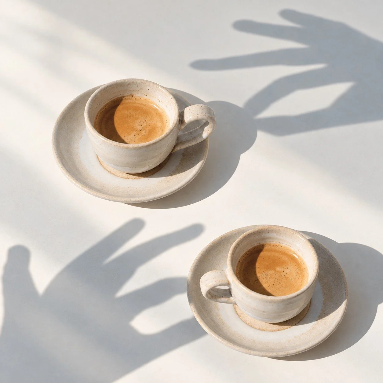 Two ceramic espresso cups on a light neutral table with soft blue-gray shadows of hands reaching toward them.