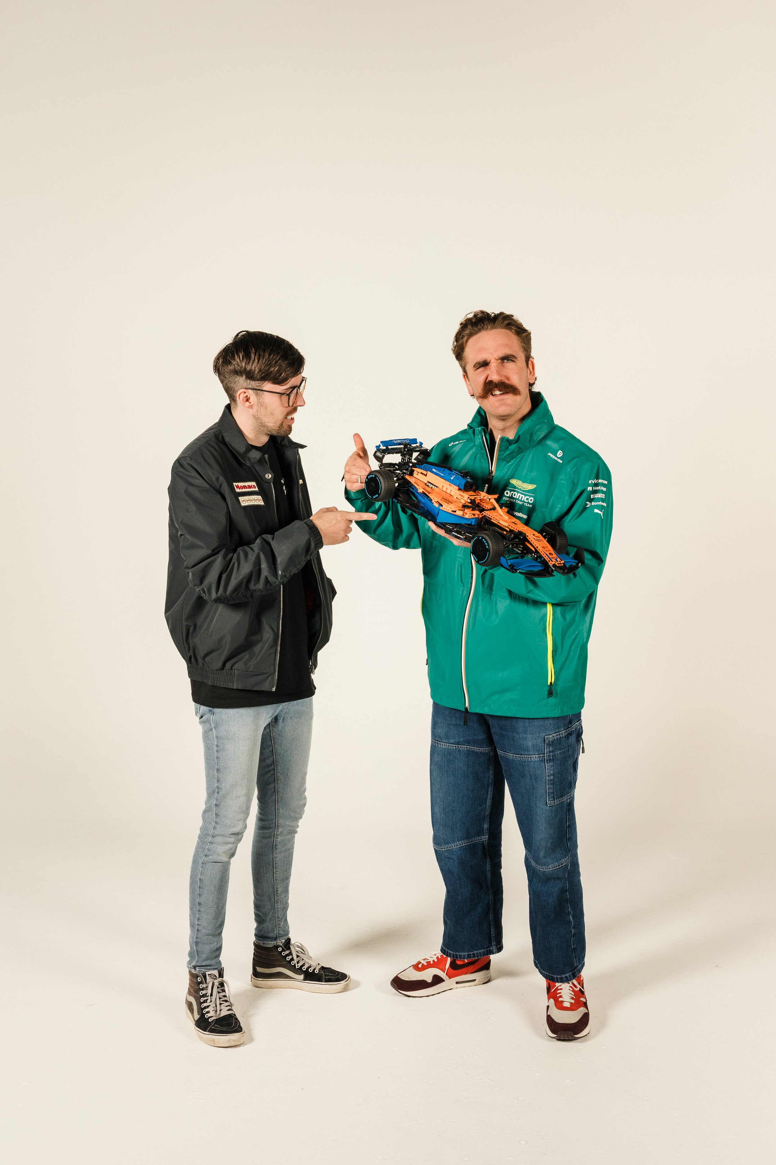 David and Skin Holding Mclaren F1 car, Formula Fools Photoshoot
