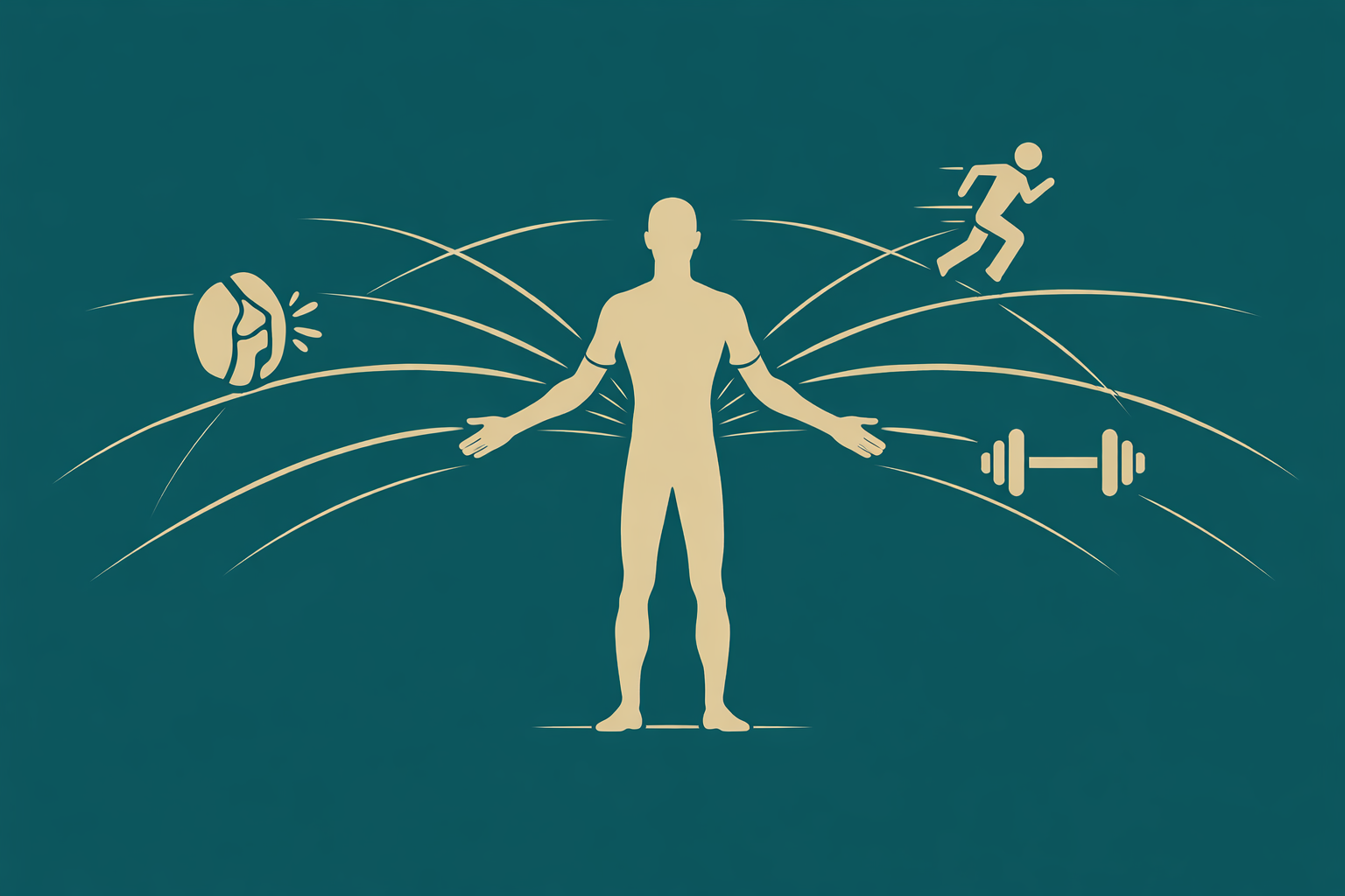 Graphic of a human silhouette with icons representing senses and activities around it, including a hearing icon, a running figure, an energy bar, and a muscle weight.