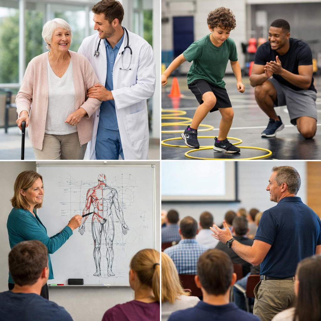 A collage of four images: a doctor with an elderly woman, children jumping through hoops with a coach, a teacher explaining human anatomy to students, and a man giving a lecture to an audience.