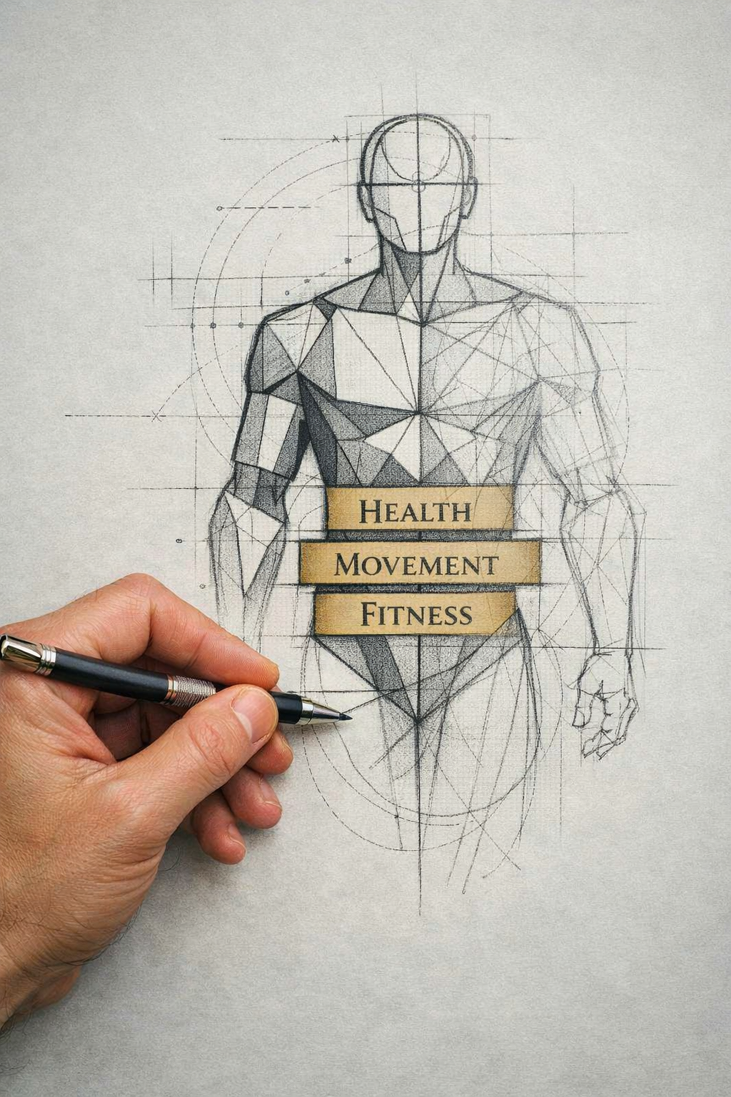 A hand drawing a human figure in a technical style with labeled sections for health, movement, and fitness.