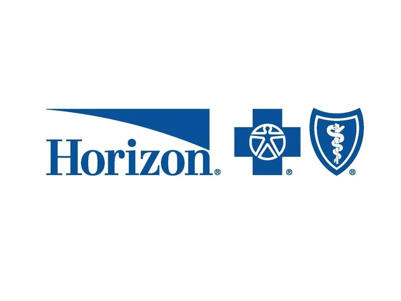 Horizon logo next to a blue cross with a medical symbol, and a shield with a caduceus symbol, representing healthcare and insurance services.