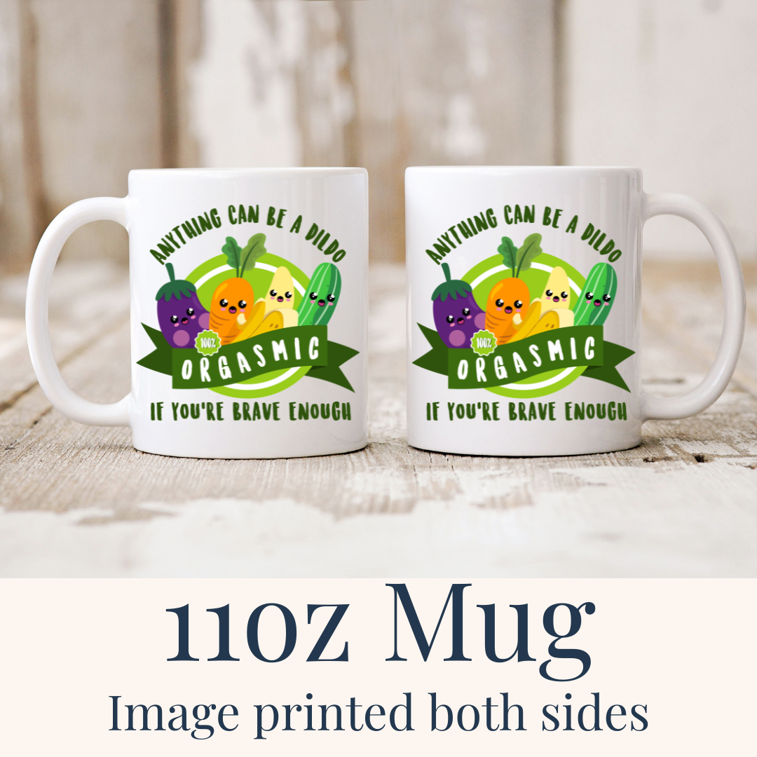 11oz Orgasmic Veggies ceramic mugs, with the bold design visible on both sides, from Coffee and Moo.
