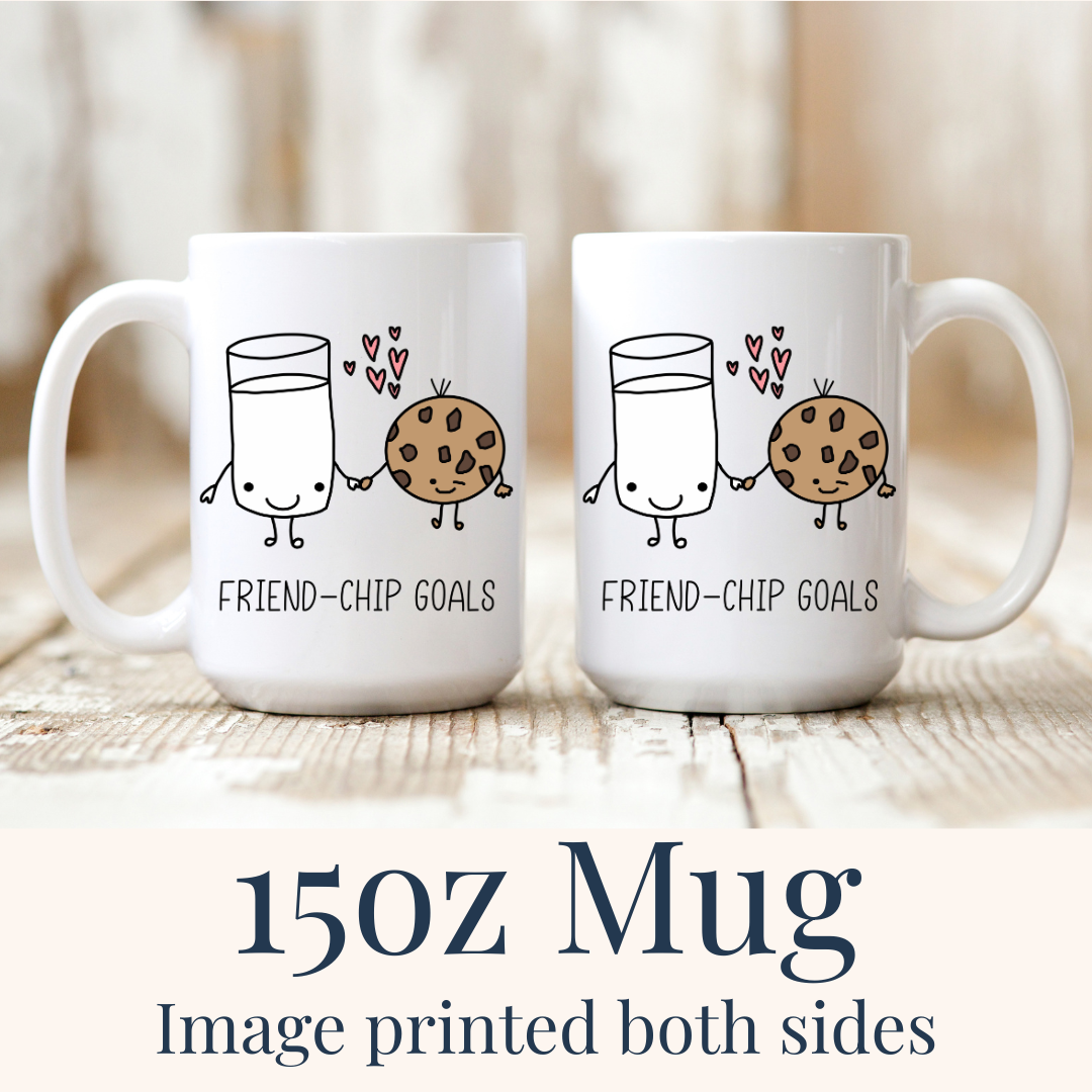 15oz Friend-chip Goals ceramic mug, with the winking cookie and milk glass visible on both sides, from Coffee and Moo.