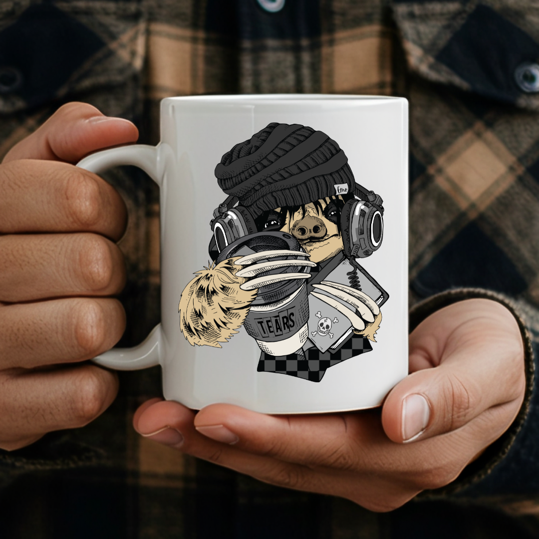 a man holding a Emo Sloth Tears humorous coffee mug, showcasing the playful design by Coffee and Moo.
