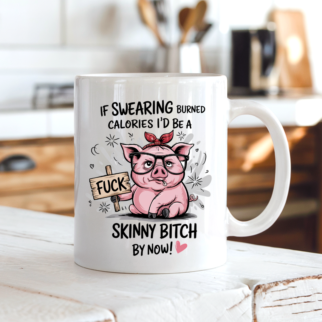Swearing Burned Calories funny coffee mug on a country kitchen bench, by Coffee and Moo.