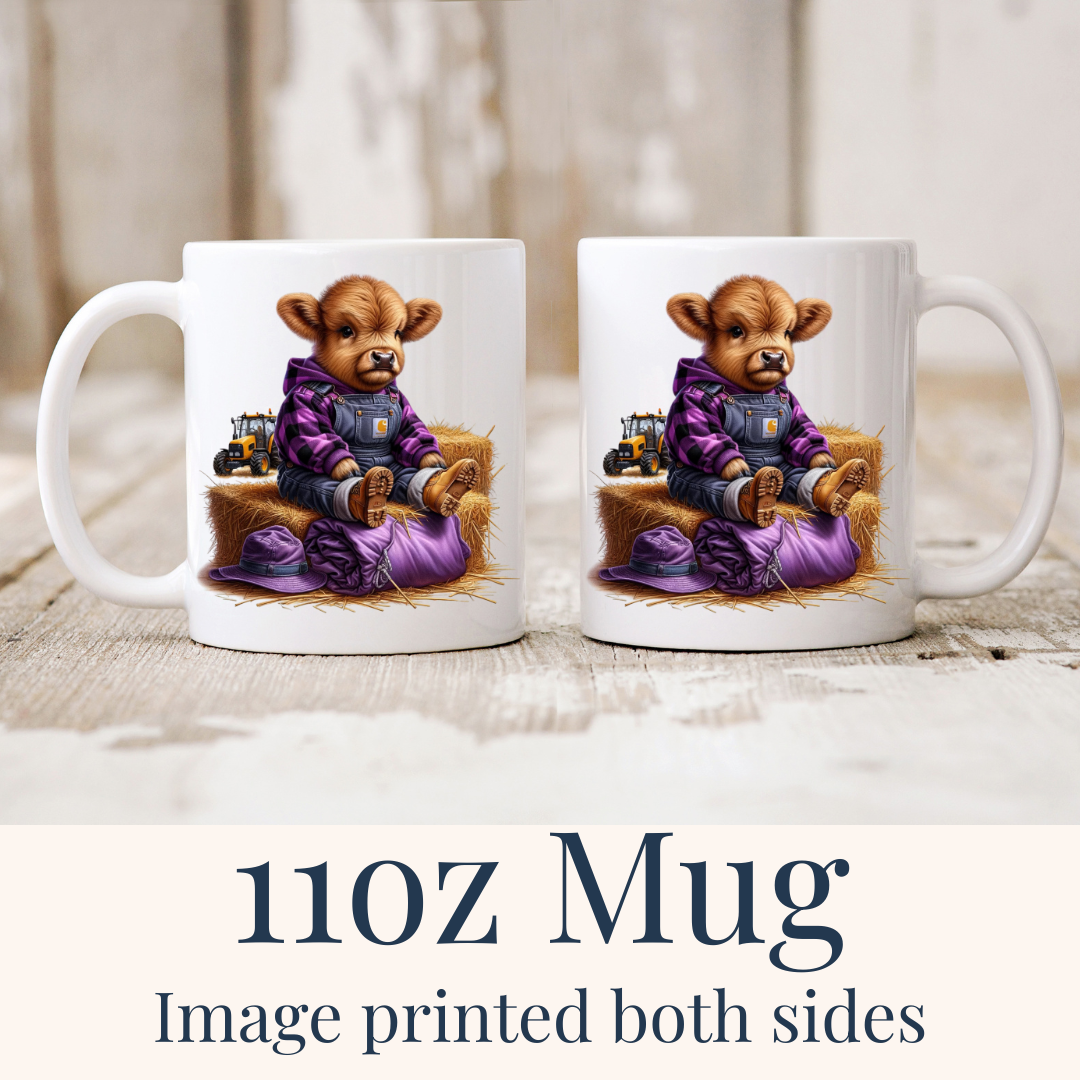 11oz Sassy Purple Highland Calf mug, perfect size for kids' hot chocolate, from Coffee and Moo.