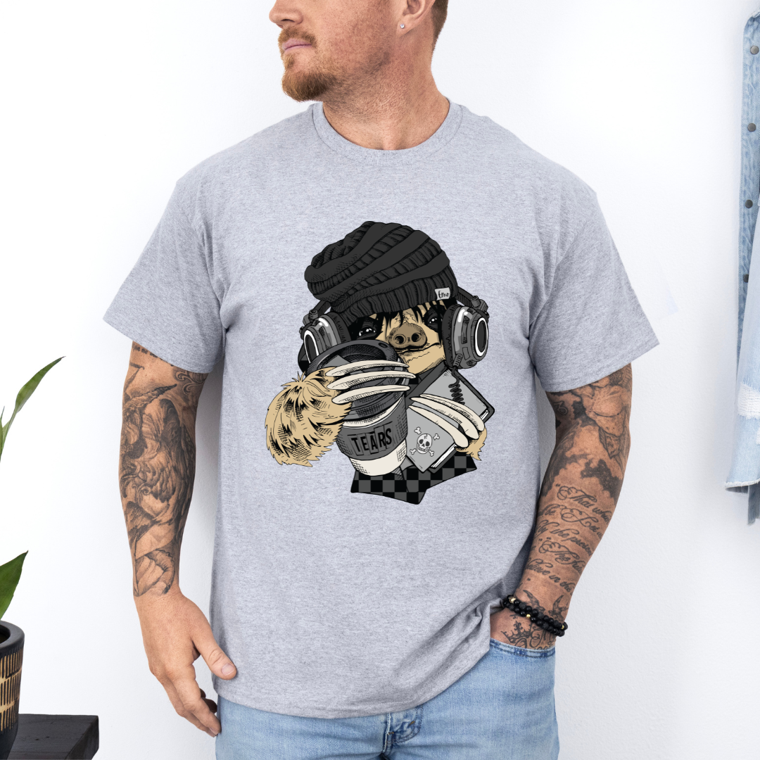 Male Model wearing a grey Emo Sloth Tears funny graphic t-shirt with detailed sloth design, from Coffee and Moo.