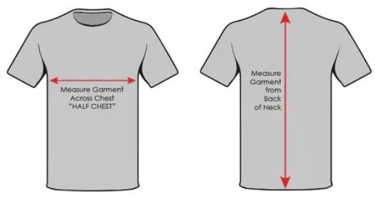 Diagram showing how to measure a T-shirt, with a front view measuring across the chest at the half chest line and a back view measuring from the back of the neck to the hem.