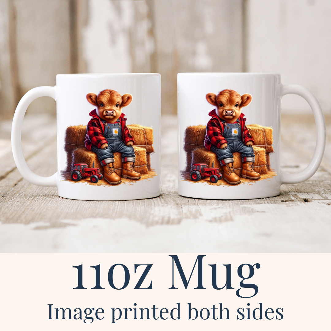 11oz Sassy Red Highland Calf mug, perfect size for kids' hot chocolate, from Coffee and Moo.