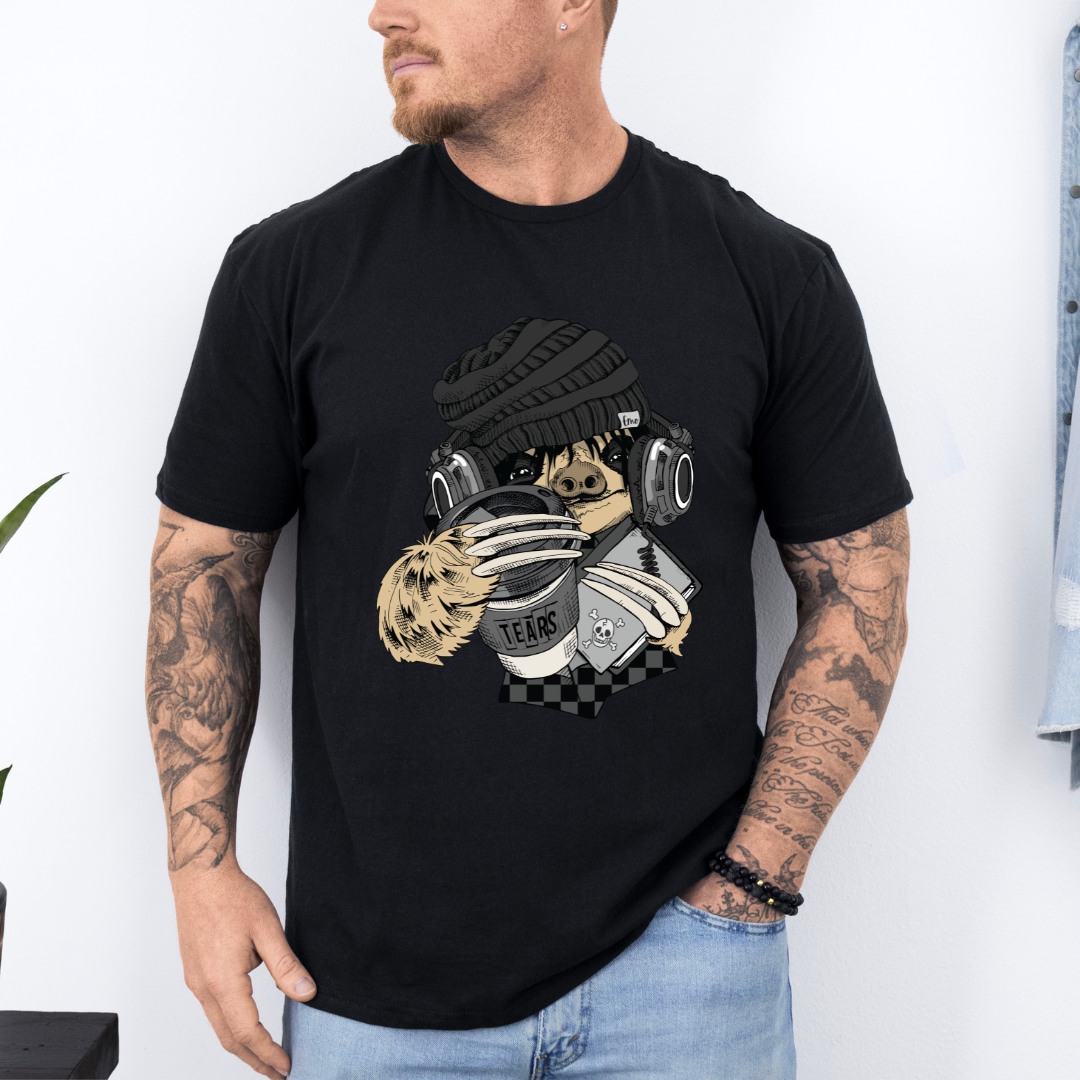 Male Model wearing a black Emo Sloth Tears funny graphic t-shirt with detailed sloth design, from Coffee and Moo.