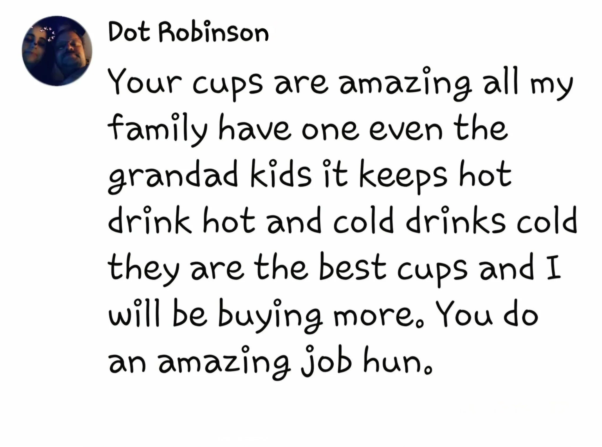 A review from dot for the cups made for her from coffee and moo, happy customer