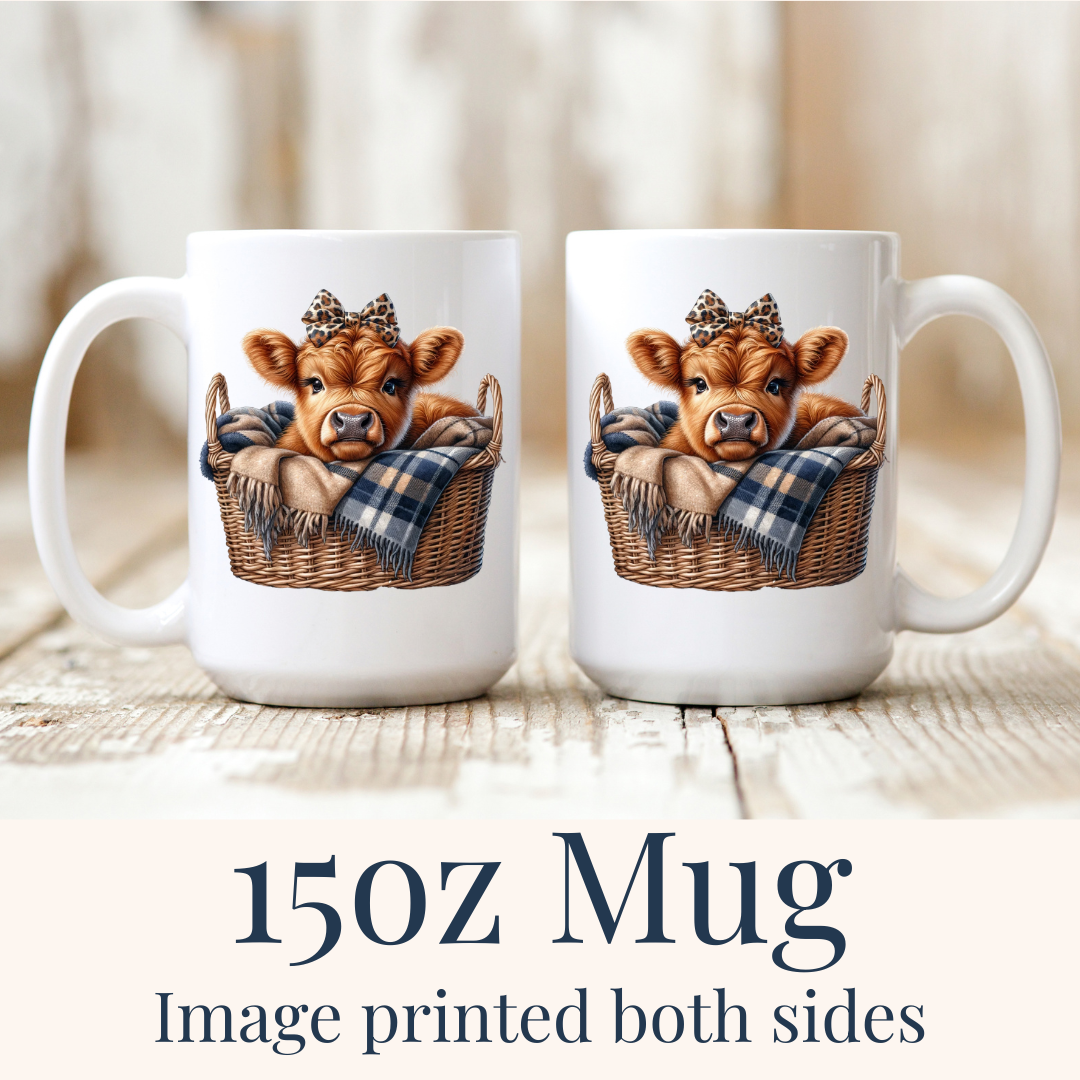 15oz Cute Highland Cow Basket Mug ceramic mug, with baby cow in basket with blanket design on both sides, from Coffee and Moo