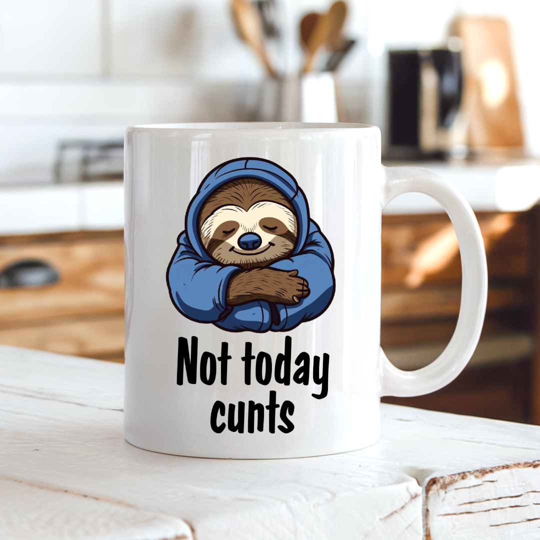 Not Today Cunts funny coffee mug on a country kitchen bench, by Coffee and Moo.