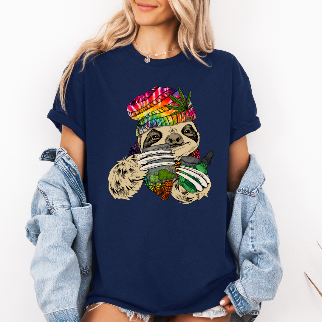 Female Model wearing a navy blue Chill Stoner Sloth soft graphic t-shirt, showcasing its unique design and comfortable fit from Coffee and Moo.