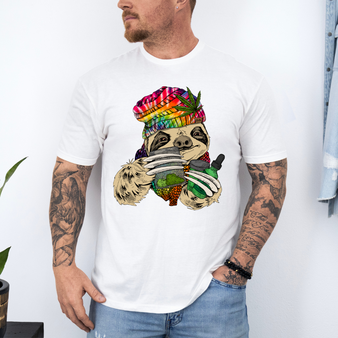 Male Model wearing a white Chill Stoner Sloth soft graphic t-shirt, showcasing its unique design and comfortable fit from Coffee and Moo.