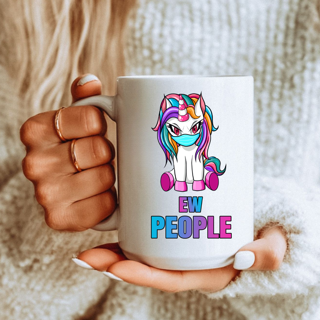 Female holding Ew People Unicorn unique coffee mug, highlighting the "Ew people" design, from Coffee and Moo.