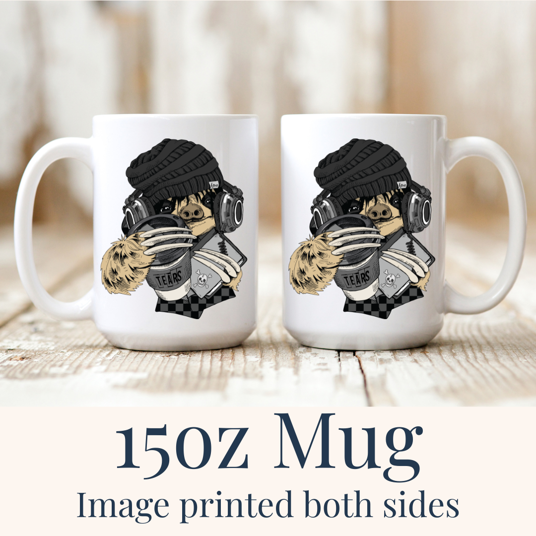 Emo Sloth Tears funny coffee mug showing the detailed sloth design with headphones, on both sides of the 15oz mug from Coffee and Moo.