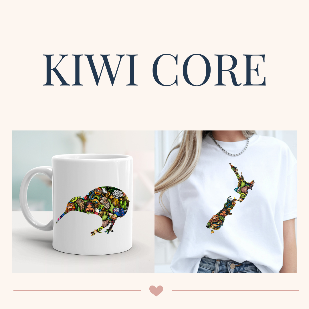 Collage of Kiwi Core merchandise featuring a mug and a t-shirt, both with a kiwi bird silhouette filled with colorful, intricate patterns.