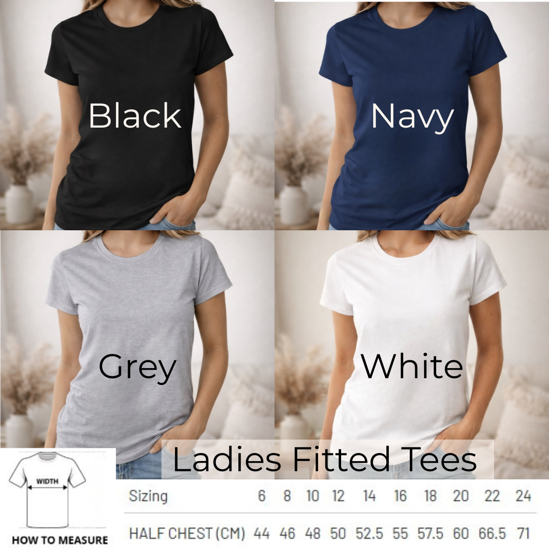 ladies fitted tee Size chart for Cozy t-shirt, detailing measurements for accurate fit selection, from Coffee and Moo. (Copy)