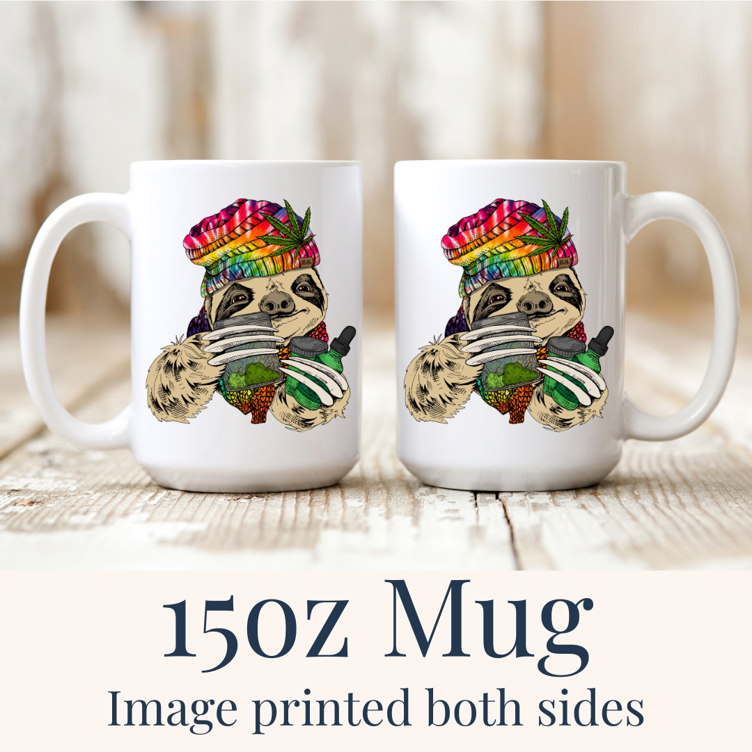 15oz Chill Stoner Sloth ceramic mugs, with the sloth design visible on both sides, from Coffee and Moo.