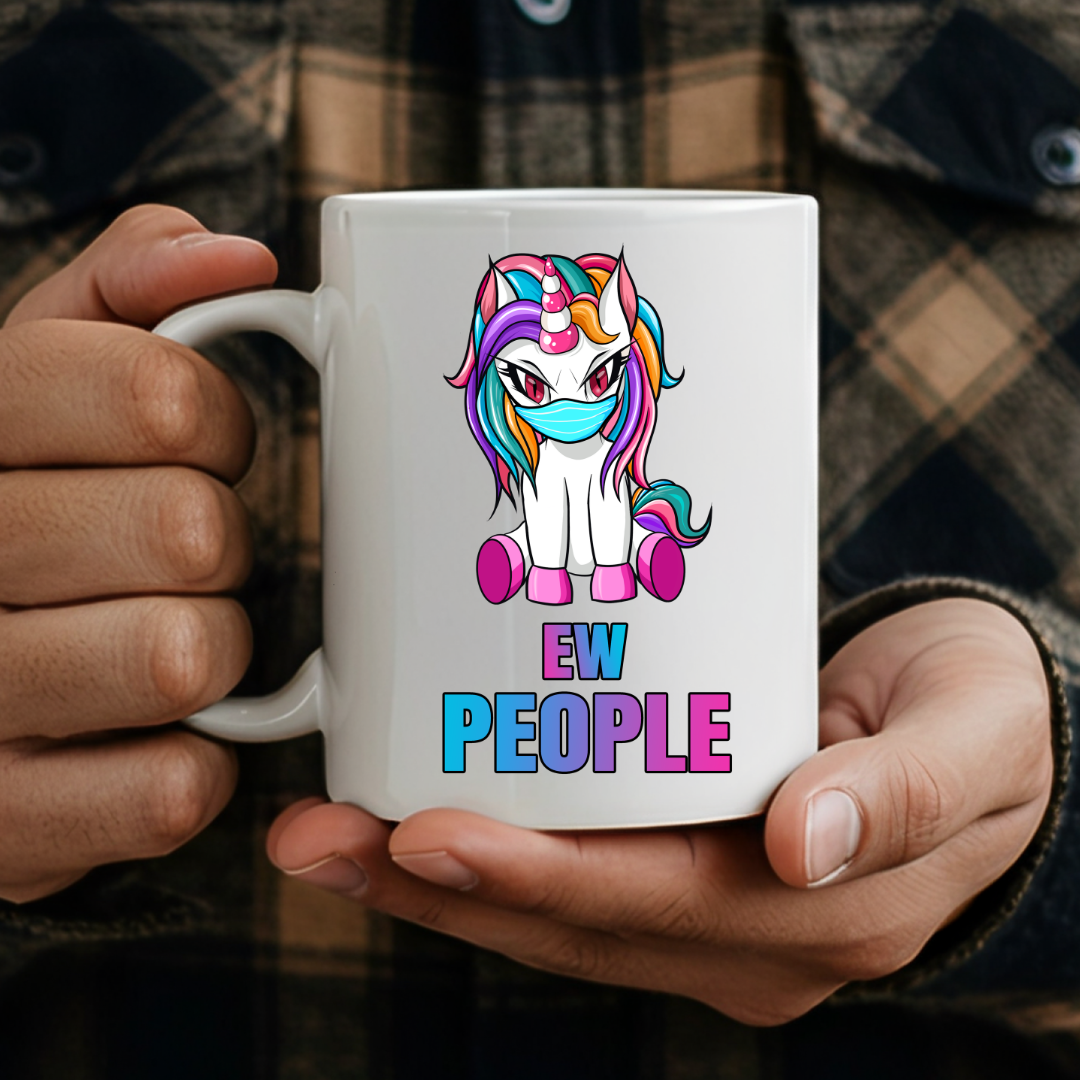Adult holding Ew People Unicorn humorous coffee mug, showcasing the design and comfortable grip, by Coffee and Moo.