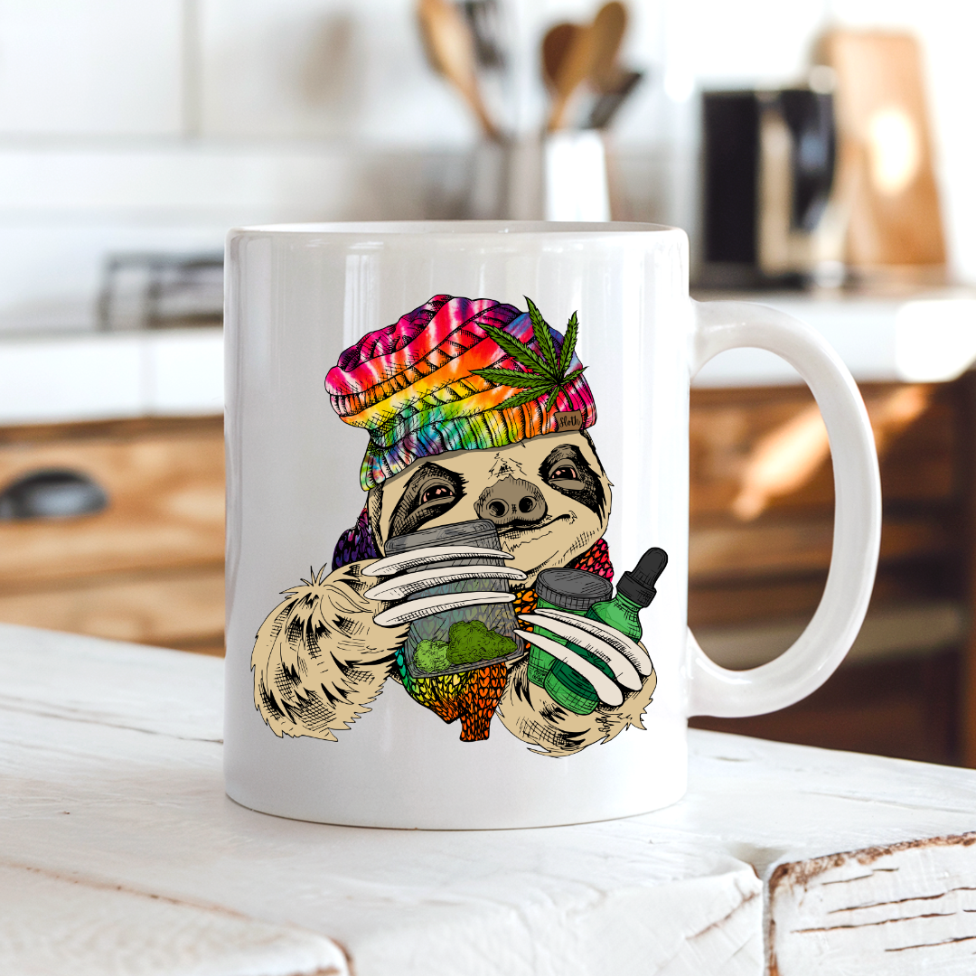 Chill Stoner Sloth funny coffee mug on a country kitchen bench, adding relaxed humour to a rustic setting, by Coffee and Moo.