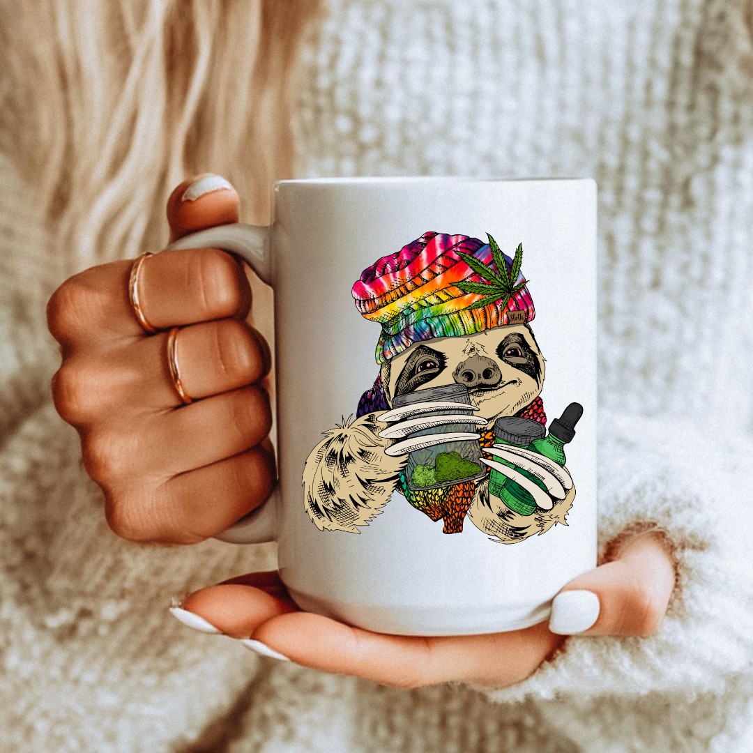 Female holding a 15oz Chill Stoner Sloth humorous coffee mug, showcasing the design and comfortable grip, by Coffee and Moo.