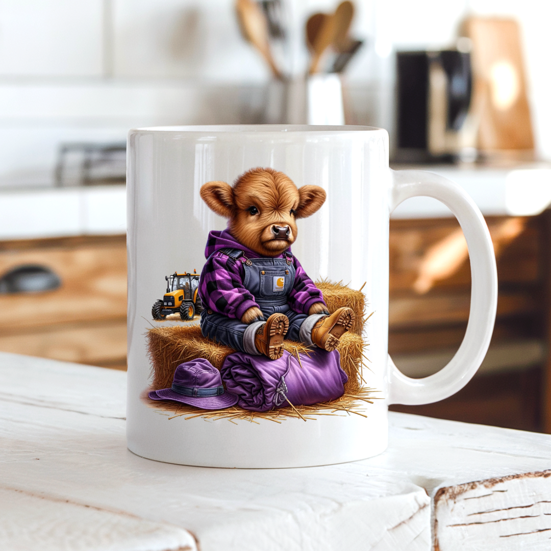 The purple sassy cow mug sitting on a farm kitchen bench
