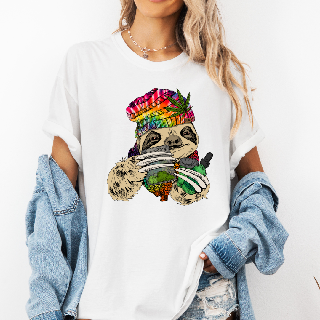 Female Model wearing a white Chill Stoner Sloth soft graphic t-shirt, showcasing its unique design and comfortable fit from Coffee and Moo.