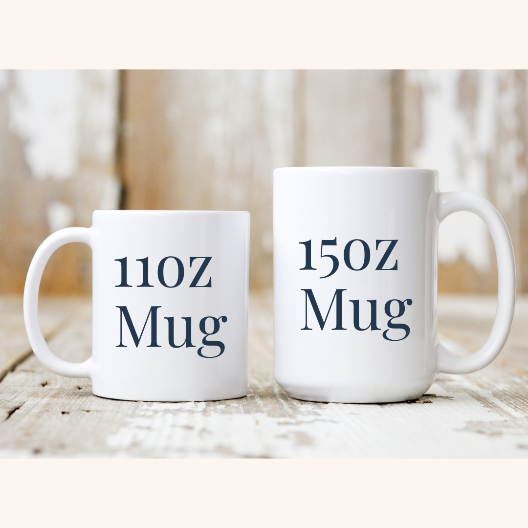Comparison of 11oz and 15oz coffee mugs, illustrating size difference, by Coffee and Moo. (Copy)