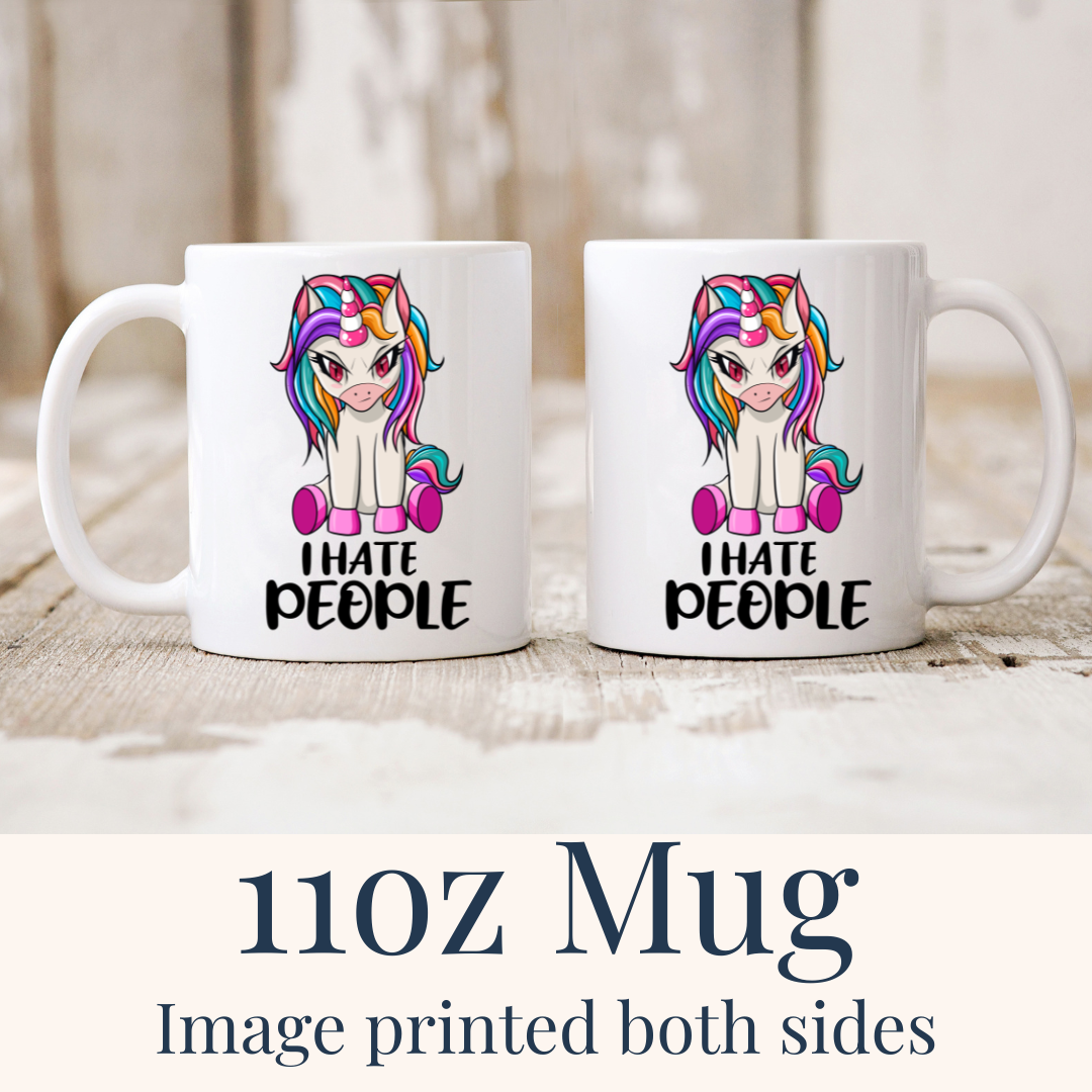 11oz I Hate People Unicorn ceramic mugs, with the "I hate people" design visible on both sides, from Coffee and Moo.