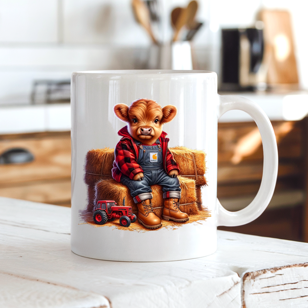 The red cow mug sitting on a farmhouse kitchen bench