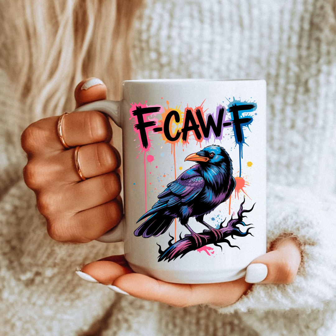 Female holding F-CAW-F Funny Crow unique coffee mug, highlighting the "F-CAW-F" design, from Coffee and Moo.