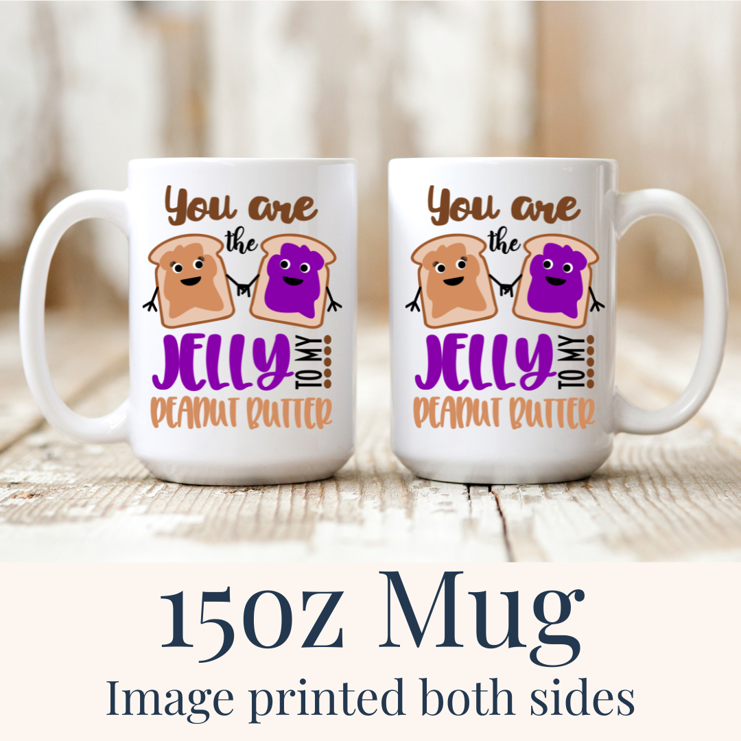 sweet 15oz Peanut Butter & Jelly ceramic mugs, with the "peanut butter" and "jelly" designs visible on both sides, from Coffee and Moo.