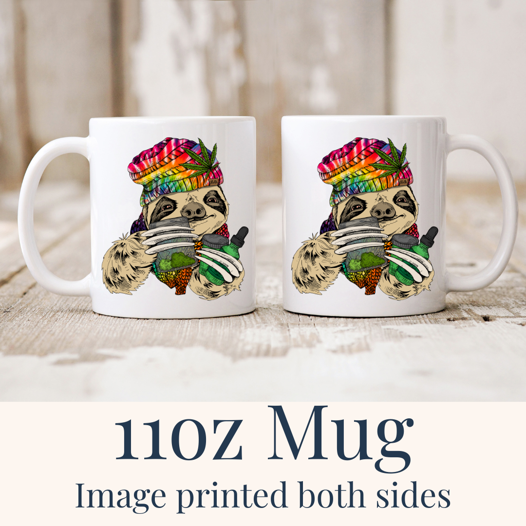 11oz Chill Stoner Sloth ceramic mugs, with the sloth design visible on both sides, from Coffee and Moo.