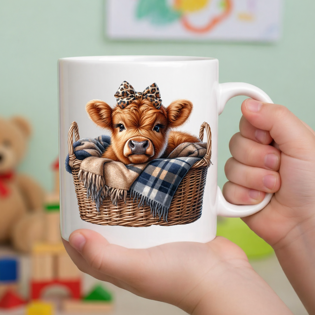 Child holding Cute Highland Cow Basket Mug fun coffee mug, showcasing the adorable baby cow in basket design, by Coffee and Moo.