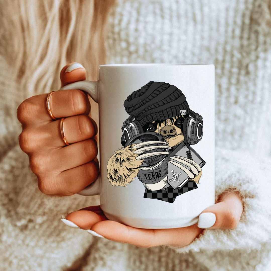 a lady holding a Emo Sloth Tears humorous coffee mug, showcasing the playful design by Coffee and Moo
