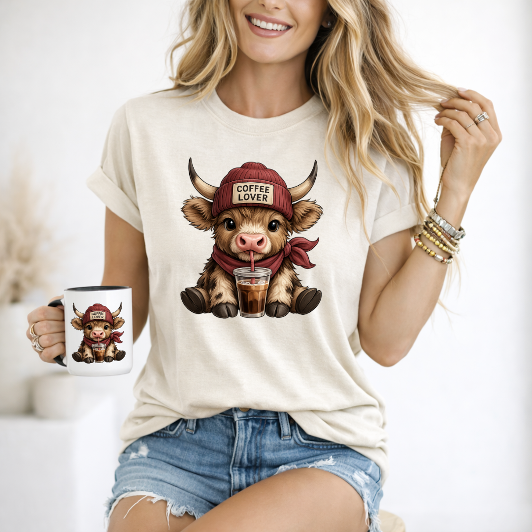 Woman wearing a t-shirt with a cute cartoon yak wearing a red beanie hat labeled "Coffee Lover," holding a mug with the same design, sitting in a bright room.