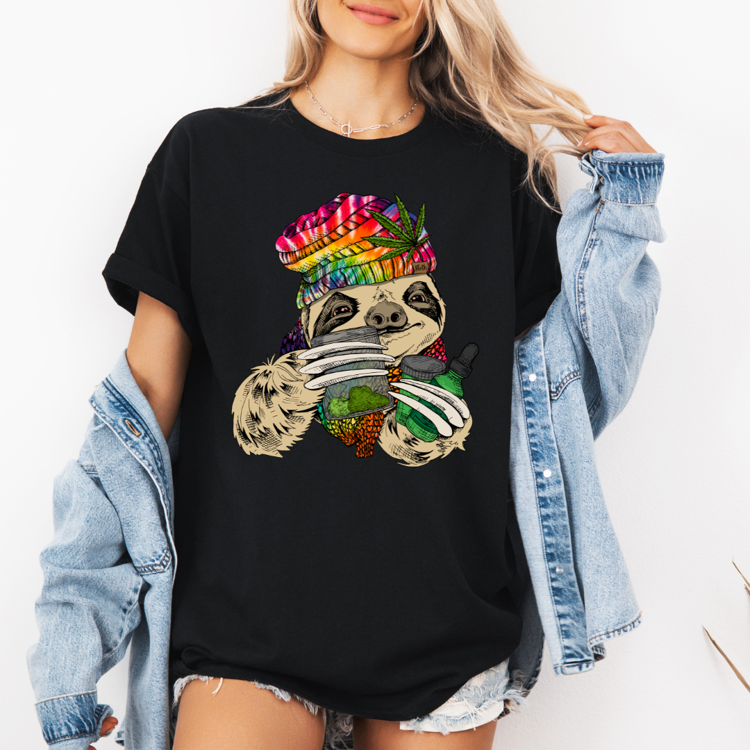Female Model wearing a black Chill Stoner Sloth soft graphic t-shirt, showcasing its unique design and comfortable fit from Coffee and Moo.