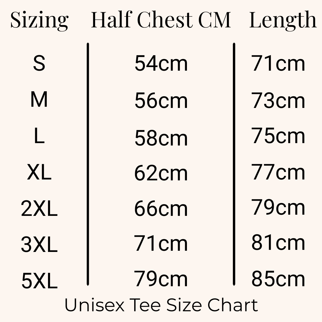 Size chart for Cozy unisex (relaxed fit) t-shirt, detailing measurements for accurate fit selection, from Coffee and Moo. (Copy)