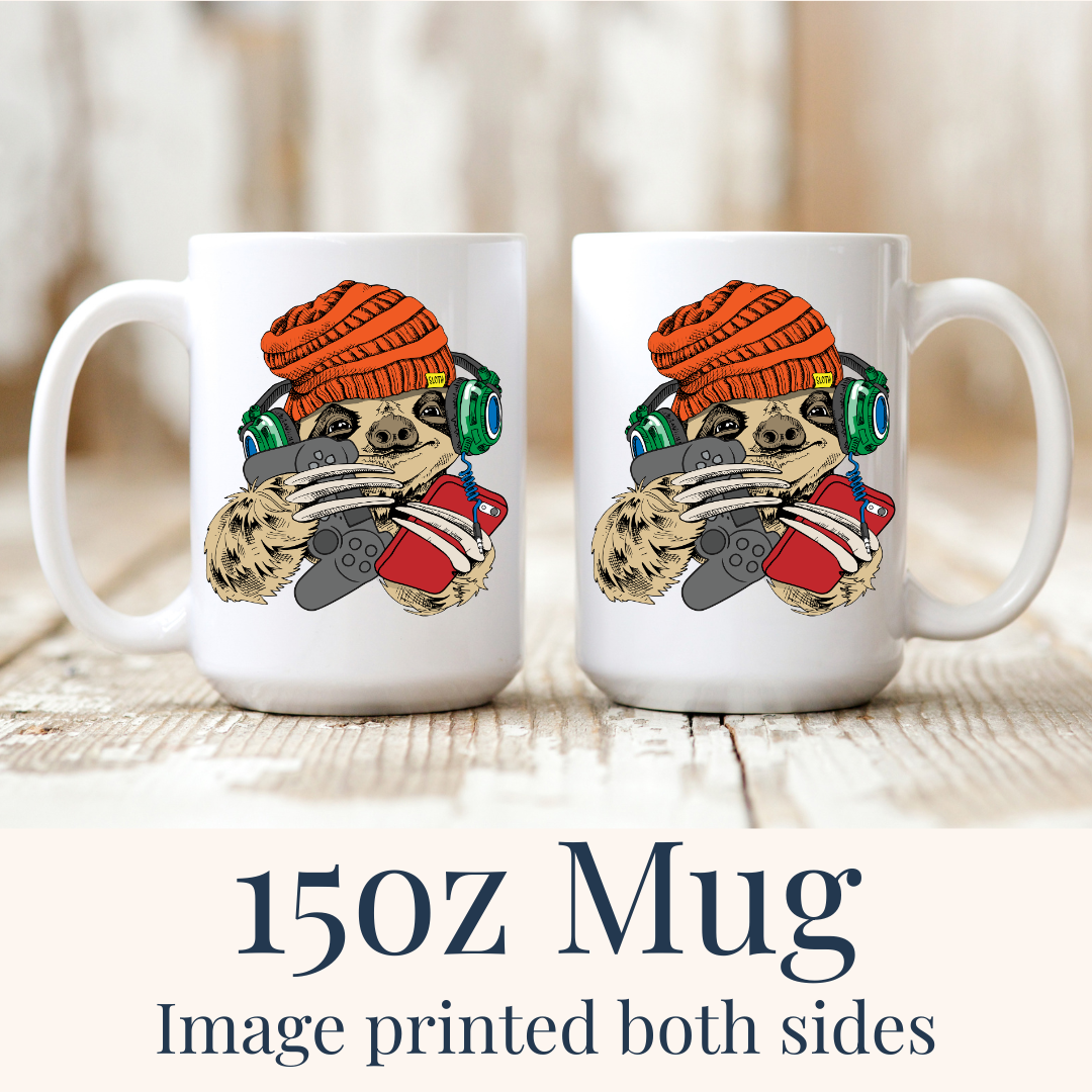 15oz Gamer Sloth ceramic mugs, with the sloth design visible on both sides, from Coffee and Moo.
